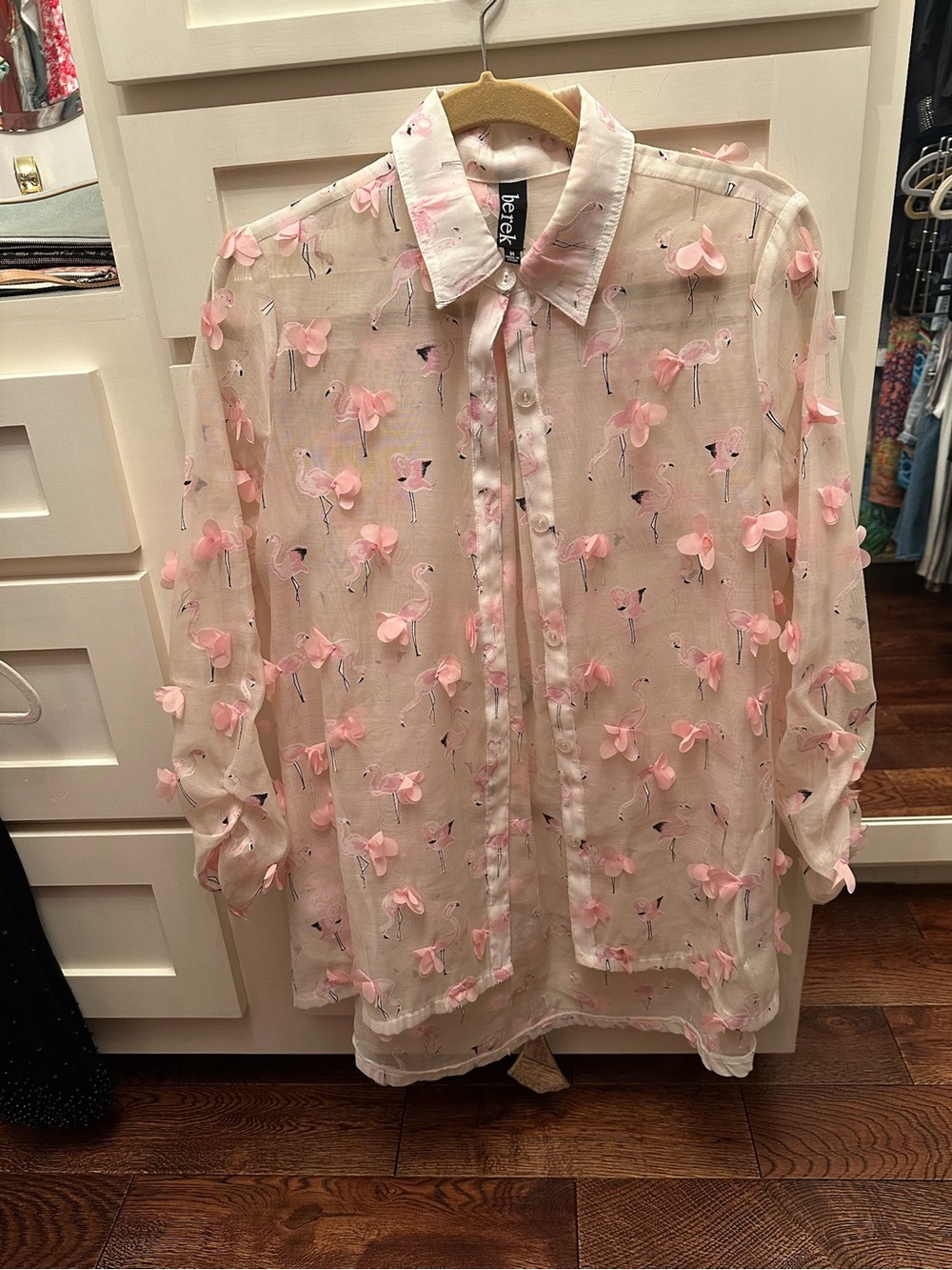 Berek Pink Flamingo 3D Floral Appliqué Sheer Blouse Size M